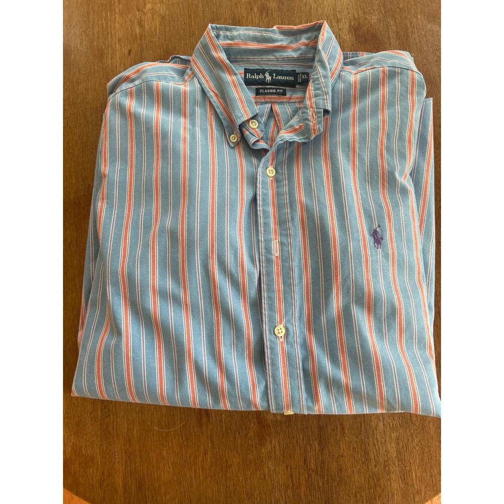Ralph Lauren Classic Fit  Blue & Orange Striped‎  LS Button Up Size  XL